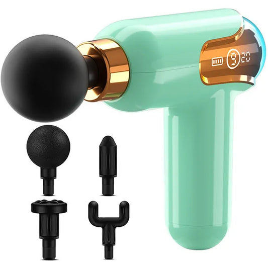 Mini masszázspisztoly 30 W, 9 fokozat, 4 fej, USB-C, zöld
