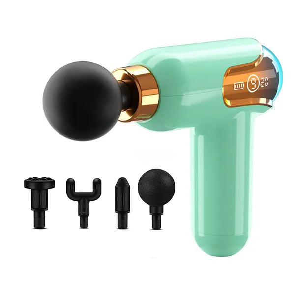 Mini masszázspisztoly 30 W, 9 fokozat, 4 fej, USB-C, zöld