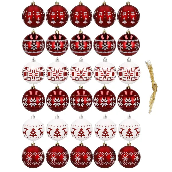 Karácsonyi műanyag díszgömb szett, 30 db, 7 cm, piros-fehér, törhetetlen