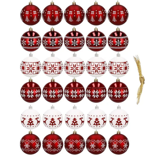 Karácsonyi műanyag díszgömb szett, 30 db, 7 cm, piros-fehér, törhetetlen