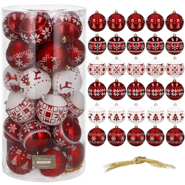 Karácsonyi műanyag díszgömb szett, 30 db, 7 cm, piros-fehér, törhetetlen