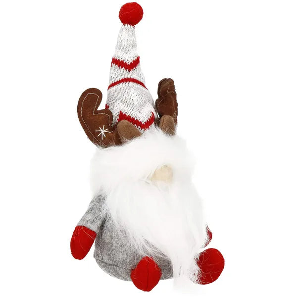 Karácsonyi dísz szürke-piros gnóm agancsos, 27 cm