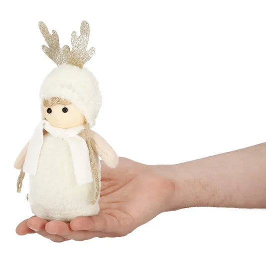 Karácsonyi textil manó dekoráció, krém, arany agancs, 20 cm