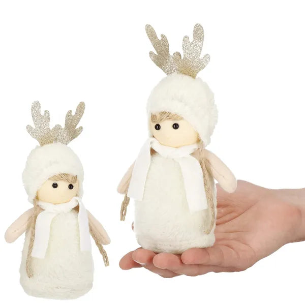 Karácsonyi textil manó dekoráció, krém, arany agancs, 20 cm