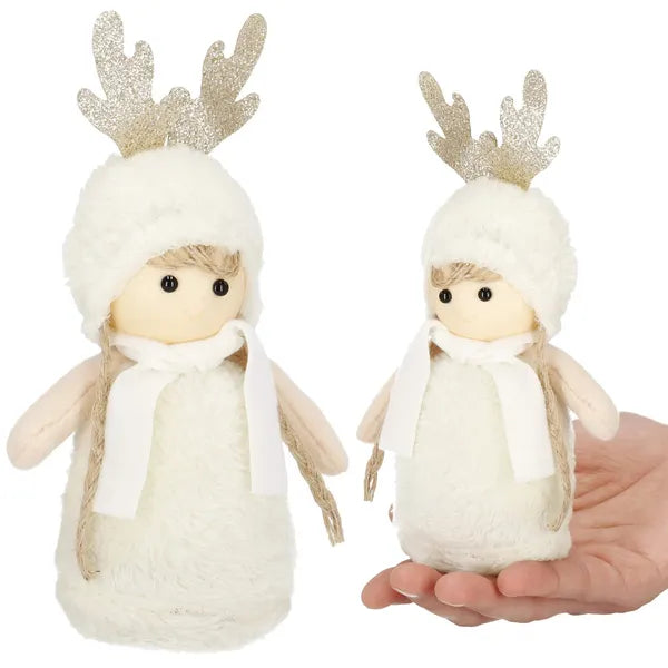 Karácsonyi textil manó dekoráció, krém, arany agancs, 20 cm