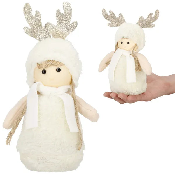 Karácsonyi dekoráció, krémszínű manó rénszarvas agancsos sapkával, 25 cm