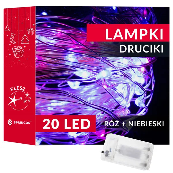 Mikro LED fényfüzér, 20 db, 1,9 m, elemes, rózsaszín-kék