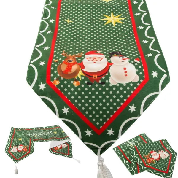 Karácsonyi zöld asztali futó rénszarvas-hóember mintával 205×35 cm