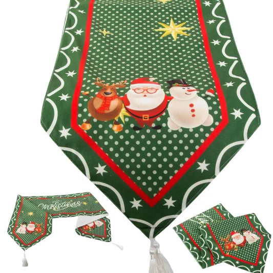 Karácsonyi zöld asztali futó rénszarvas-hóember mintával 205×35 cm