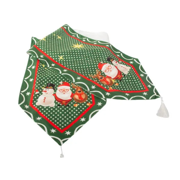 Karácsonyi zöld asztali futó rénszarvas-hóember mintával 205×35 cm
