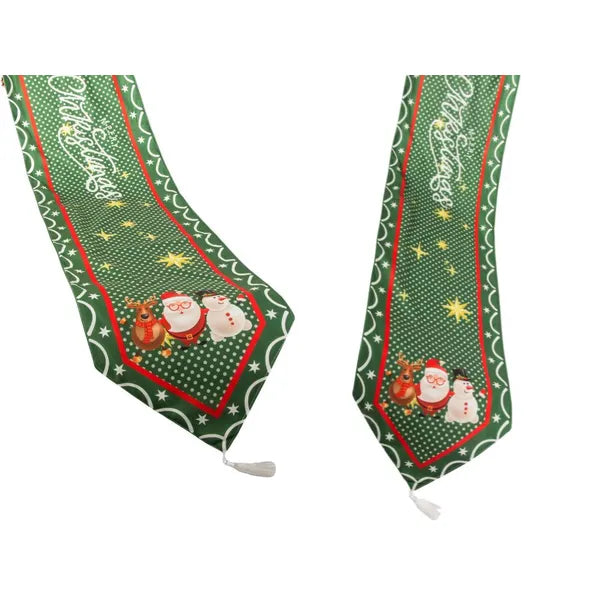Karácsonyi zöld asztali futó rénszarvas-hóember mintával 205×35 cm