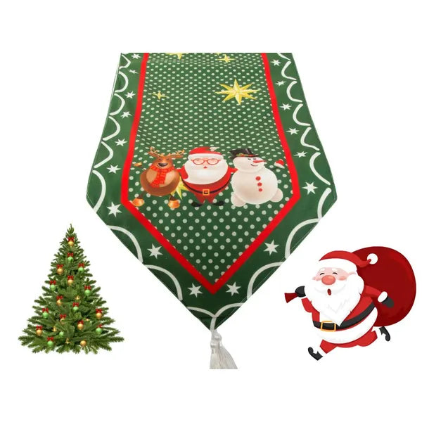 Karácsonyi zöld asztali futó rénszarvas-hóember mintával 205×35 cm