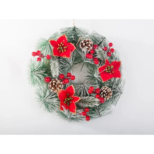 Karácsonyi díszkoszorú fenyőágakkal, tobozokkal, 20 cm, beltéri/kültéri