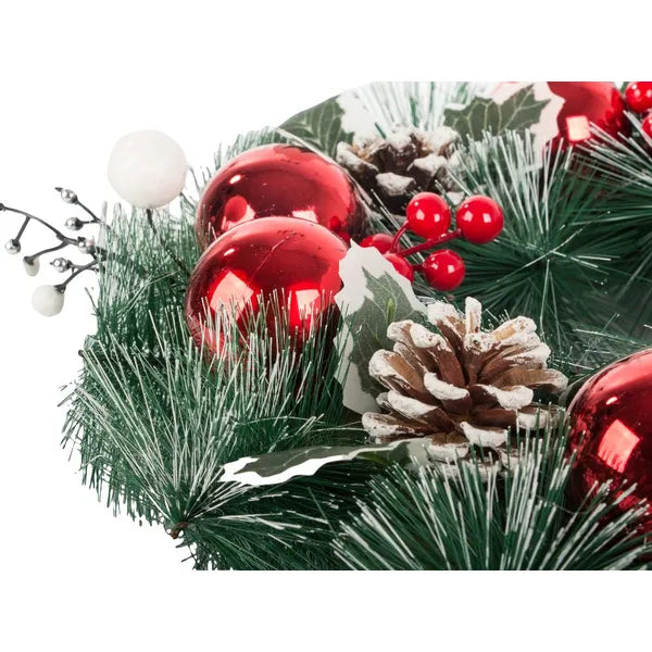 Karácsonyi díszkoszorú, piros-fehér, 30 cm átmérő, tobozokkal