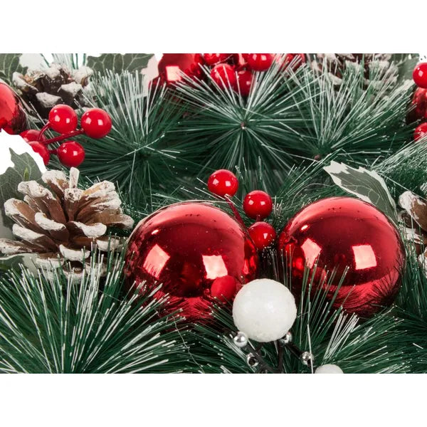Karácsonyi díszkoszorú, piros-fehér, 30 cm átmérő, tobozokkal