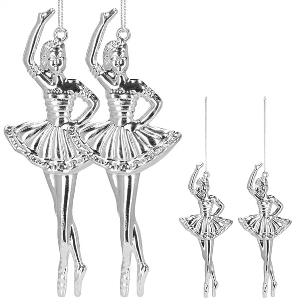 Ezüst balerina karácsonyfadísz, műanyag, 14 cm, 2 db