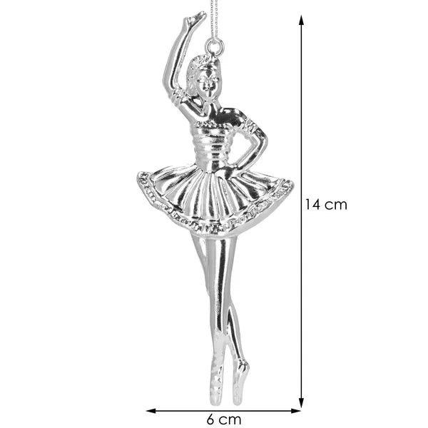 Ezüst balerina karácsonyfadísz, műanyag, 14 cm, 2 db