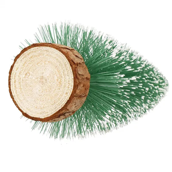 Mini műfenyő dekoráció fahasáb talppal, 15 cm, hóhatás