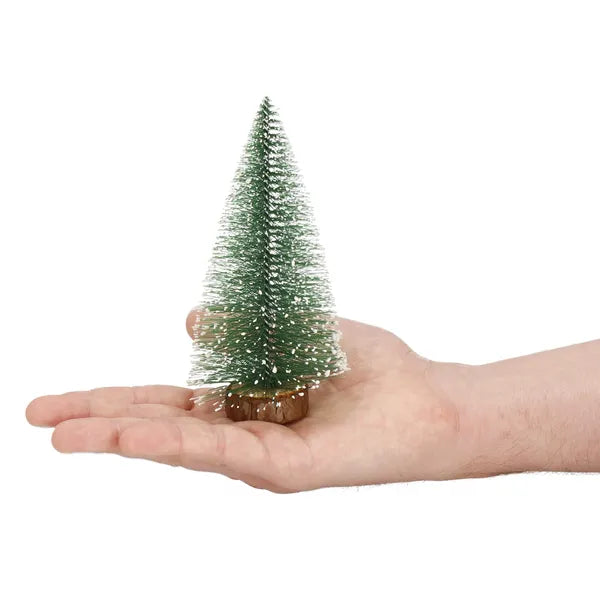 Mini műfenyő dekoráció fahasáb talppal, 15 cm, hóhatás