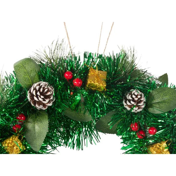 Karácsonyi díszkoszorú, 30 cm, tobozokkal és gömbökkel, ajtóra/ablakra