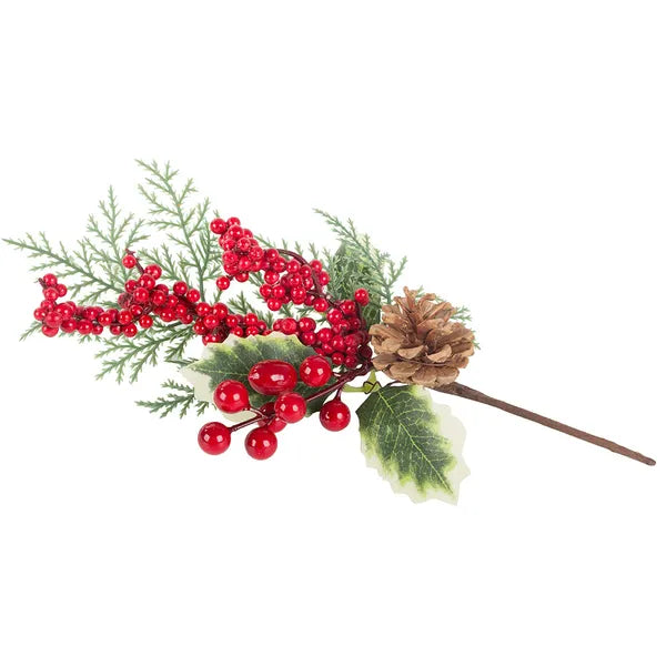 Karácsonyi asztaldísz műfenyővel, piros berkenyebogyóval és tobozzal, 28 cm