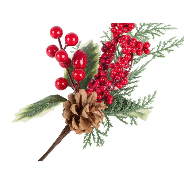 Karácsonyi asztaldísz műfenyővel, piros berkenyebogyóval és tobozzal, 28 cm