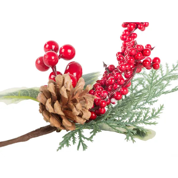 Karácsonyi asztaldísz műfenyővel, piros berkenyebogyóval és tobozzal, 28 cm