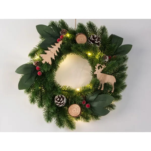 LED karácsonyi ajtó koszorú, 20 cm, elemes, kültéri-beltéri