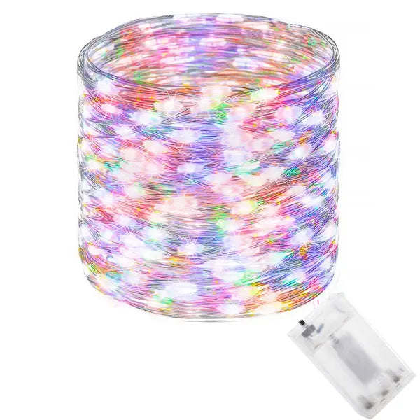 Elemről működő, 100 LED-es multikolor fényfüzér, 9,9 m