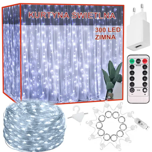 LED fénysor függöny 3x3 m, 300 hidegfehér LED, távirányító, USB