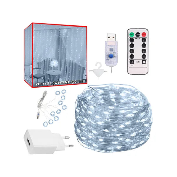 LED fénysor függöny 3x3 m, 300 hidegfehér LED, távirányító, USB