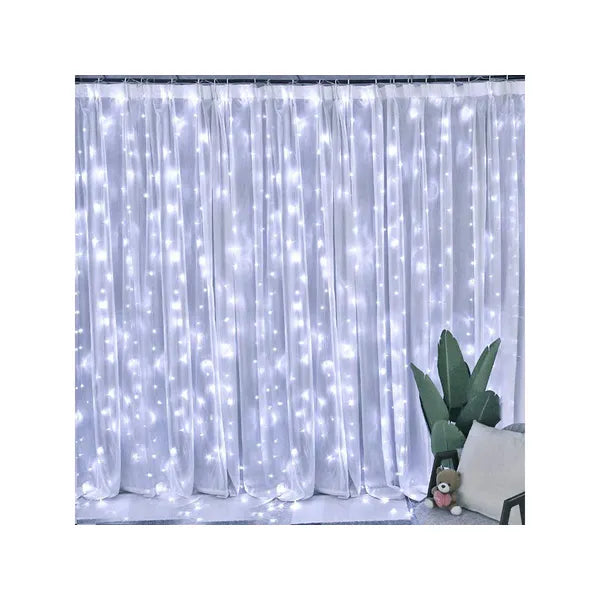 LED fénysor függöny 3x3 m, 300 hidegfehér LED, távirányító, USB