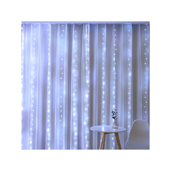 LED fénysor függöny 3x3 m, 300 hidegfehér LED, távirányító, USB