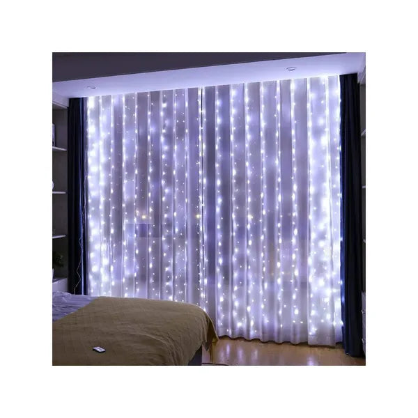 LED fénysor függöny 3x3 m, 300 hidegfehér LED, távirányító, USB