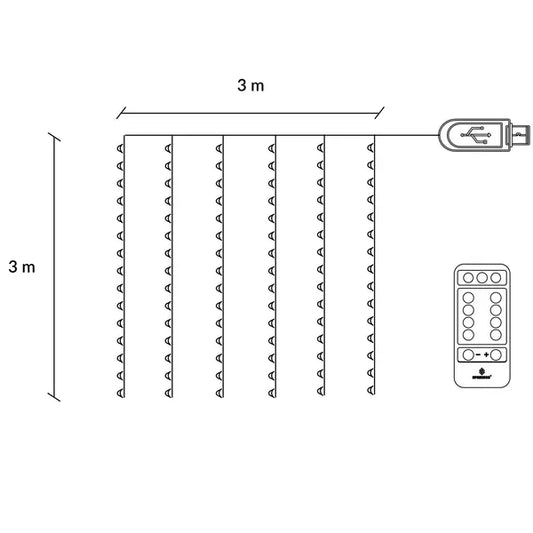 Kék USB-s fényfüggöny, 300 LED, 3×3 m, távirányítóval, IP44
