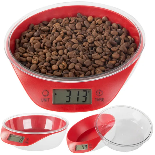 Digitális konyhai mérleg levehető 0,8 l tállal, 5 kg/1 g, LCD, fehér-piros