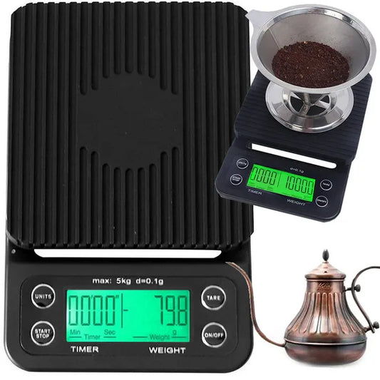 Kávé- és konyhai digitális mérleg 5 kg/0,1 g LCD stopperrel, TARE