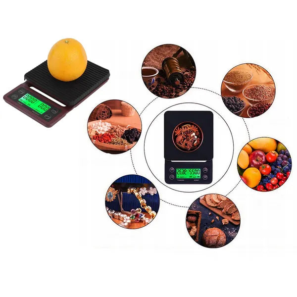Kávé- és konyhai digitális mérleg 5 kg/0,1 g LCD stopperrel, TARE
