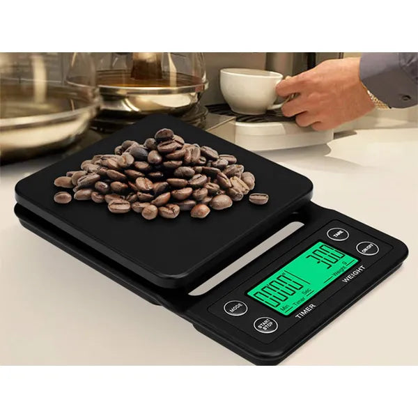 Kávé- és konyhai digitális mérleg 5 kg/0,1 g LCD stopperrel, TARE