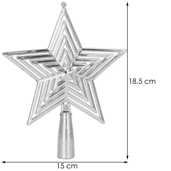 Ezüst színű csillag karácsonyfa csúcsdísz, törhetetlen PP, 18,5 cm