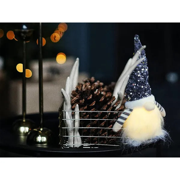 Karácsonyi LED-hasú manó dekoráció, 28 cm, szürke