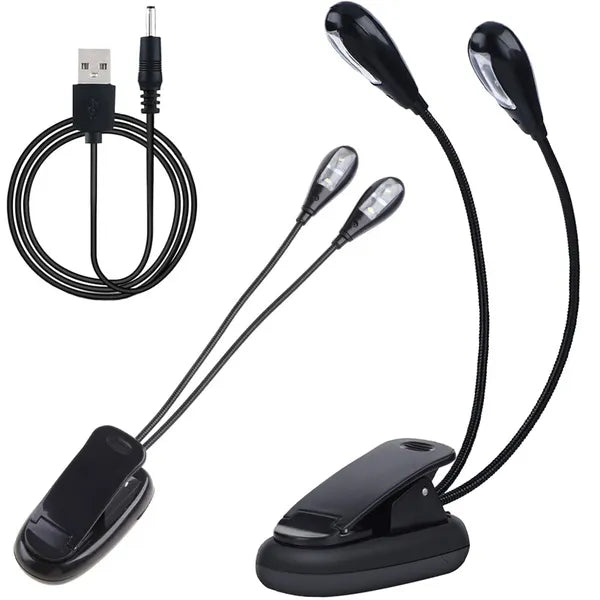 Csiptetős LED asztali lámpa, dupla flexibilis karral, USB/elemes, fekete