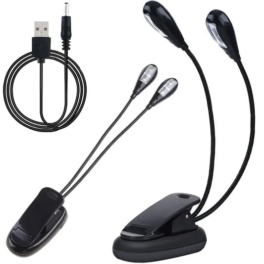 Csiptetős LED asztali lámpa, dupla flexibilis karral, USB/elemes, fekete