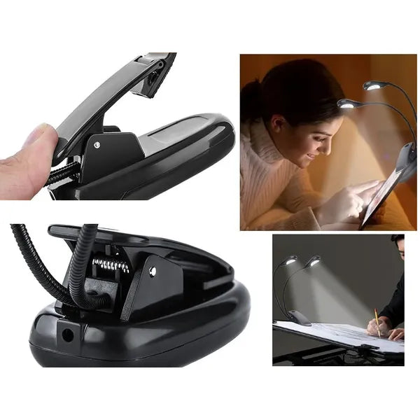 Csiptetős LED asztali lámpa, dupla flexibilis karral, USB/elemes, fekete