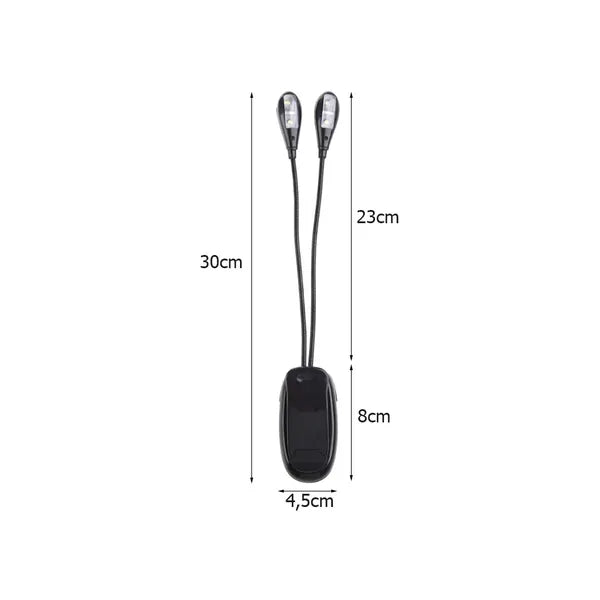 Csiptetős LED asztali lámpa, dupla flexibilis karral, USB/elemes, fekete