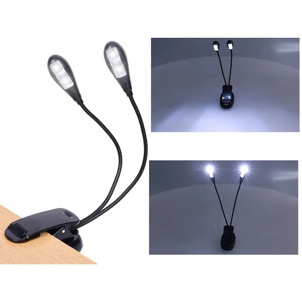 Csiptetős LED asztali lámpa, dupla flexibilis karral, USB/elemes, fekete
