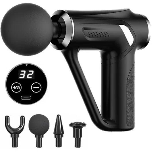 Kézi masszázspisztoly, 30 W, 32 fokozat, 4 cserélhető fej, USB-C, fekete