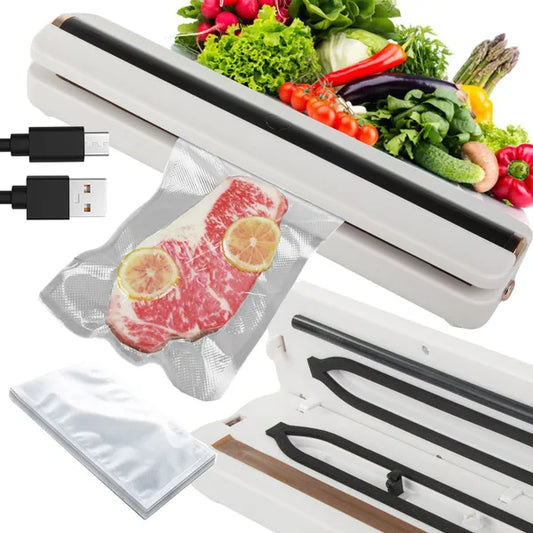 Vákuumfólia hegesztő, USB-s, fehér, 10 tasakkal, 37×8×6 cm, 10 W