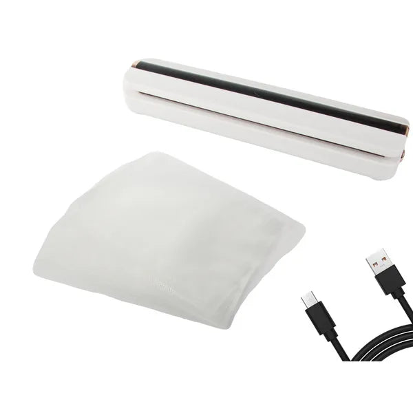Vákuumfólia hegesztő, USB-s, fehér, 10 tasakkal, 37×8×6 cm, 10 W