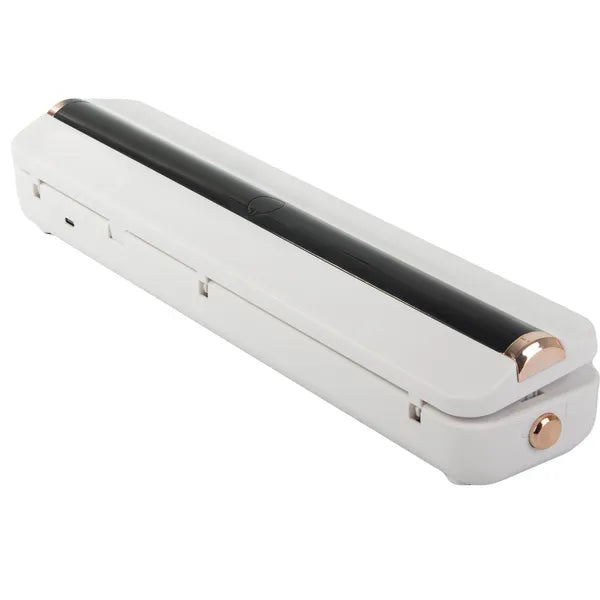 Vákuumfólia hegesztő, USB-s, fehér, 10 tasakkal, 37×8×6 cm, 10 W
